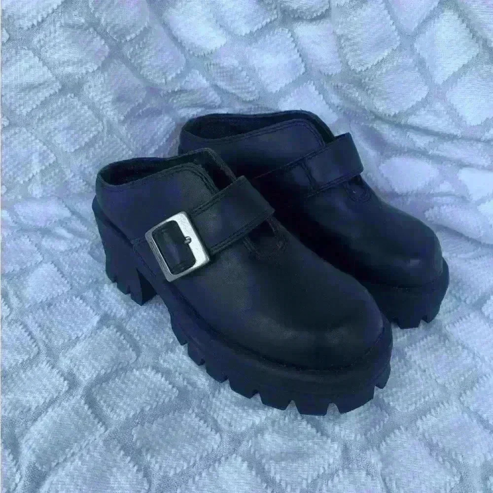 Vintage Harley Davidson Black Leather Chunky Buckle Slip On Platform Shoes 5.5